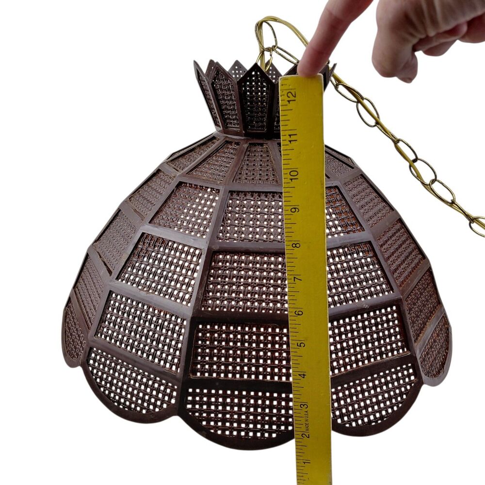 MCM Hanging Swag Lamp Brown Wicker Rattan Shade 12 ft Chain Cord Plug Vtg - Picture 7 of 16